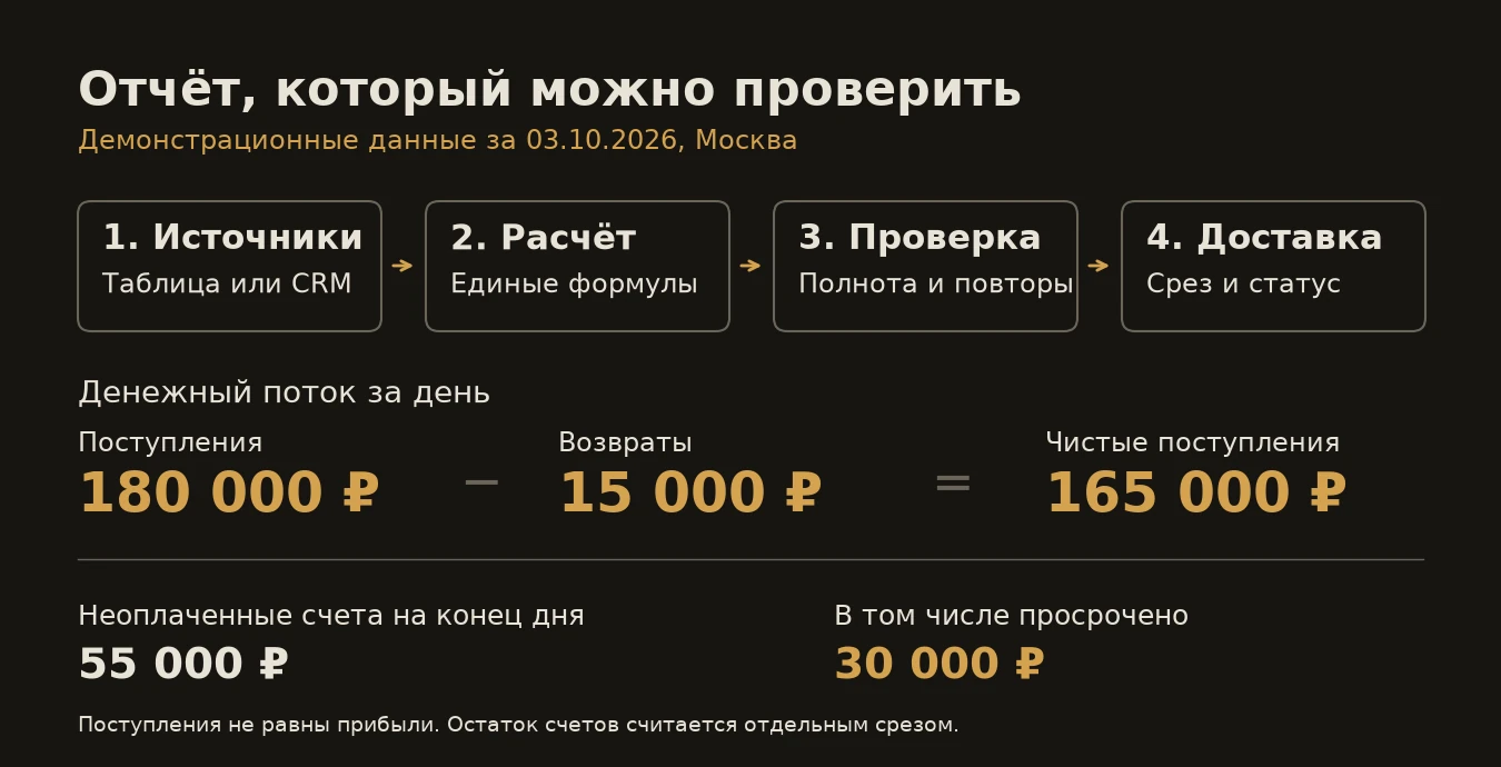 Демонстрационный отчёт: сбор, расчёт, проверка и доставка; чистые поступления 165 000 рублей.